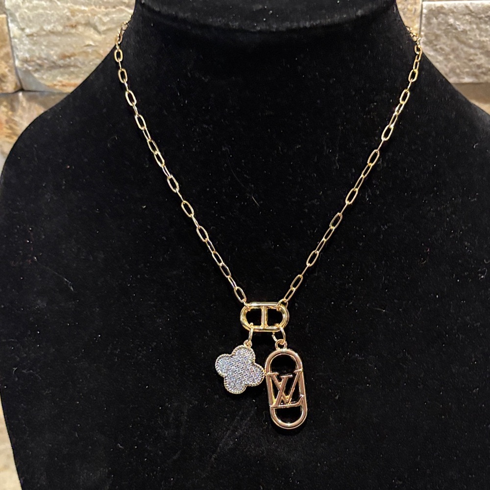 Gold Plated Designer Pendant Necklace with Sparkling Clover Accent